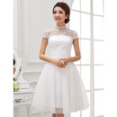 Affordable Elegant Mandarin Collar A-Line Lace Backless Short Reception Wedding Dress with Cap Sleeves