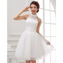 Affordable Charming Collar Neck Lace Organza Short Reception Wedding Dress