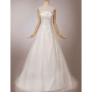 Cheap Custom Classy A-Line Lace Strapless Sweep Train Wedding Dress