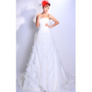 Cheap Classy Luxury Tiered Chapel Train Organza Strapless Wedding Dress