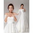 Affordable Romantic Off-the-shoulder Half Sleeves Lace Sweep Train A-Line Wedding Dress
