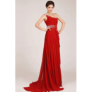 Affordable One Shoulder Chiffon Sheath Sweep Train Bridesmaid Dress