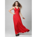 Classic V-Neck Red Satin Sheath Floor Length Evening Dress for Women