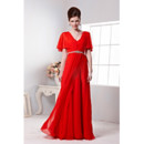 Inexpensive Sexy Chiffon Cap Sleeves V-Neck Sheath Long Red Formal Evening Dress