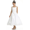 Girls Classic A-Line Straps Sleeveless Tea Length Satin Beading First Communion Dress