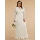 Classic Empire V-Neck Plus Size Floor Length Embroidery Reception Lace Bridal Dress with Long Sleeves