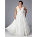 Simple A-Line V-Neck Floor Length White Chiffon Plus Size Wedding Dress