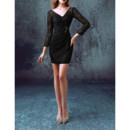 Women's Tight Sheath V-Neck Short Lace Black Cocktail Dress with Long Sleeves
