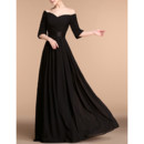 Designer Off-the-shoulder Long Black Chiffon Evening Dress with Sleeves
