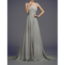 Designer Modest A-Line Sheer Bateau Sweep Train Chiffon Evening Dress