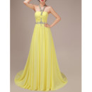 Affordable Classic A-Line Beading Halter Sweep Train Chiffon Evening Dress