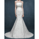 Modern Mermaid Strapless Sleeveless Sweep Train Lace Wedding Dress