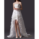 Simple Romantic Strapless High-Low Satin Tulle Applique Wedding Dress