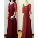 Designer Elegant V-Neck Floor Length Chiffon Formal Mother Dress with Lace Sleeves