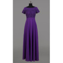 Modest Long Purple Chiffon Embroidery Formal Mother Dress with Short Sleeves