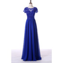 Custom Elegant A-Line Long Blue Chiffon Mother Dress with Short Sleeves and Sequins