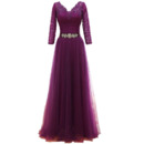 Modern V-Neck Tulle Mother Dress with 3/4 Long Lace Sleeves