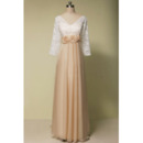 Custom Empire Waist V-Neck Long Chiffon Mother Dress with 3/4 Long Lace Sleeves