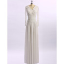 Custom Modest V-Neck Long White Chiffon Mother of the Bride Dress with Long Sleeves
