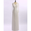 Custom Modest V-Neck Long White Chiffon Mother of the Bride Dress with Long Sleeves
