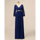 Designer Empire V-Neck Blue Chiffon Formal Mother of the Bride Dress with Long Sleeves