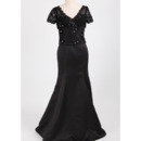 Custom Designer Trumpet V-Neck Long Black Mother Dress with Short Sleeves