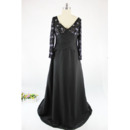Inexpensive A-Line V-Neck Long Satin Black Plus Size Mother Dress with Long Sleeves
