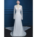 Cheap Modern Chiffon Wedding Dress with Long Lace Sleeves and Train