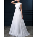Romantic A-Line Bateau Sweep Train Chiffon Applique Wedding Dress