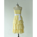 Simple Spaghetti Straps Layered Skirt Chiffon Bridesmaid Dress with Sashes