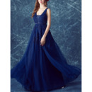 Beautiful Elegant V-Neck Floor Length Blue Organza Formal Evening Dress