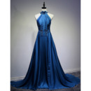 Inexpensive Classy Halter Long Satin Backless Formal Evening/ Wear Dress