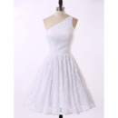 Inexpensive Simple A-Line One Shoulder Knee Length White Lace Homecoming Dress