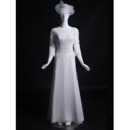 Women's Retro Classic A-Line Sweep Train Satin Long Wedding Dress with 3/4 Long Sleeves