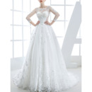 Custom Trendy Chapel Train Organza Applique Wedding Dress with Long Sleeves