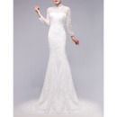 Custom Modest Mermaid Mandarin Collar Lace Wedding Dress with Long Sleeves