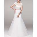 Cheap Classic A-Line Cap Sleeves Floor Length Wedding Dress with Belts