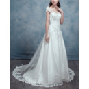 Women's Discount V-Neck Floor Length Backless Wedding Dress with Short Sleeves