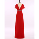 Sexy V-Neck Long Red Chiffon Prom Evening Dress with Cap Sleeves