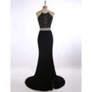Affordable Sexy Sheath Halter Sweep Train Applique Black Prom Evening Dress