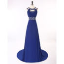 Elegant Round Neck Sleeveless Sweep Train Blue Chiffon Prom Evening Dress
