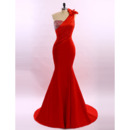 Women's Sheath One Shoulder Sweep Train Satin Red Formal Evening Dress