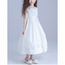 Kids A-Line Sleeveless Tea Length Satin Girls Flower Girl Dress