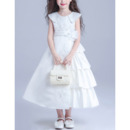 Kids Lovely Lapel Tea Length Satin Taffeta Asymmetric Flower Girl Princess Dress
