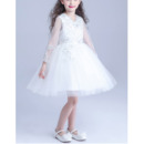 Inexpensive Cute Ball Gown Short Tulle Flower Girl Dress with Long Sleeves