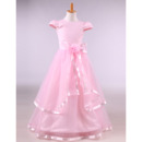 Beautiful Little Girls Floor Length Satin Pink Flower Girl Dress with Cap Sleeves