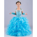 Classy Ball Gown Halter Long Ruffle Skirt Blue Flower Girl Party/ Pageant Dress