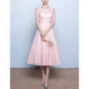 Classic Modern A-Line Bateau Sleeveless Tea Length Lace Pink Wedding Dress