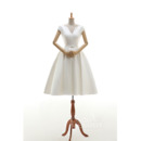 Custom Designer V-Neck Knee Length Satin Reception Wedding Dress with Cap Sleeves