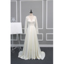 Inexpensive Modern V-Neck Sweep Train Wedding Dress with Long Lace Sleeves